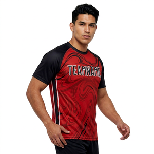 Maillot de football sportif personnalisé pour homme, col rond, manches raglan, rouge et noir, impression par transfert thermique, séchage rapide, haute qualité - Product Image 2