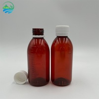 Bouteille en plastique PET ambrée pour sirop contre la toux 180 ml, flacon de médicament liquide pour soins de santé avec bouchon inviolable et gobelet doseur