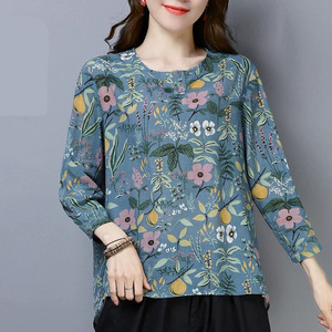 Floral Print Long Sleeve T-Shirt Women Loose Breathable Spring Autumn Daily Wear Plus Size Artistic Style <b>Base</b> <b>Layer</b> Top - Product Image 1
