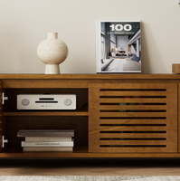 Meuble TV extensible en chêne massif de style moderne du milieu du siècle OE HOME, avec rangement réglable, support au sol pour téléviseurs de 75 pouces, salon, maison