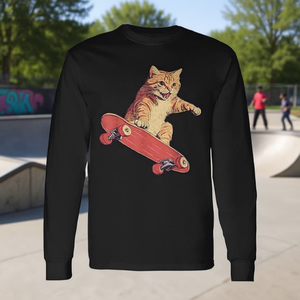 Camiseta de manga larga con diseño de gato en monopatín, ropa unisex - Product Image 3