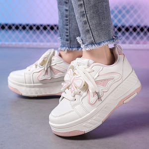 Zapatillas de Lona con Plataforma para Niña, Punta Redonda, Cierre de Cordones, Parte Superior Sintética, Suela de Goma Acolchada, para Todas las Temporadas, Blanco, Rosa, con Detalle de Lazo - Product Image 1