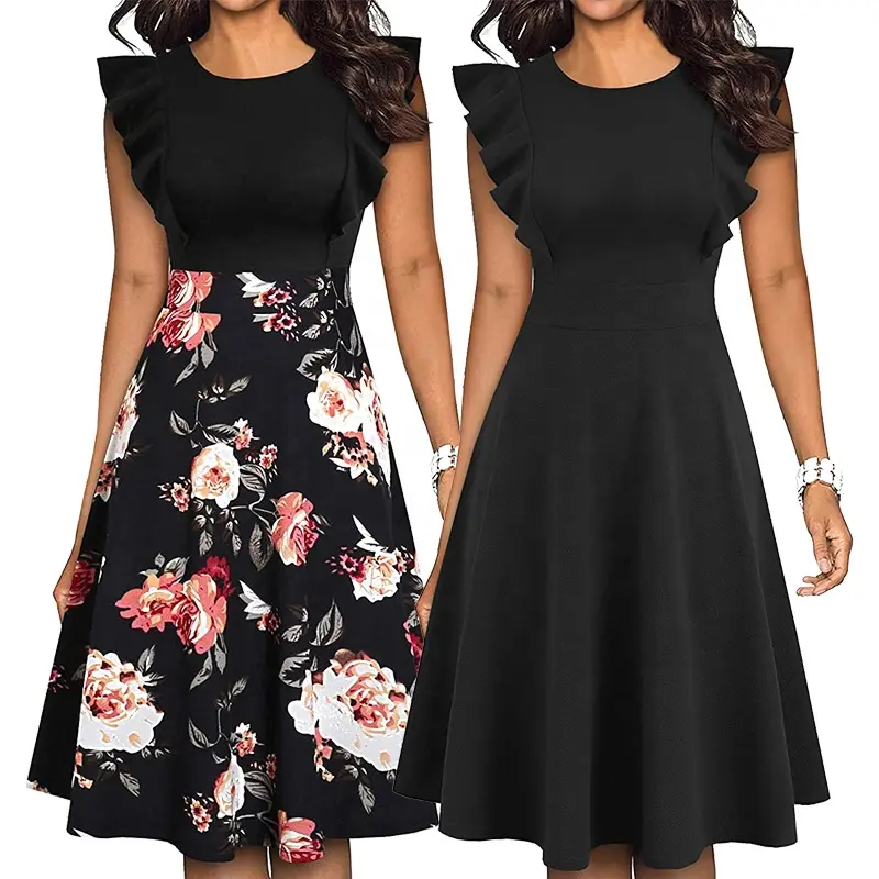 Bayan siyah kariyer elbise fırfır kol Modern cenaze kıyafetleri alevlendi bir çizgi Sundress Vintage elbise parti elbise