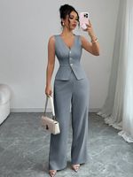 Ensemble deux pièces pour femmes, été 2025, nouveau style européen et américain, couleur unie, sans manches, veste ajustée, pantalon taille haute en polyester et élasthanne