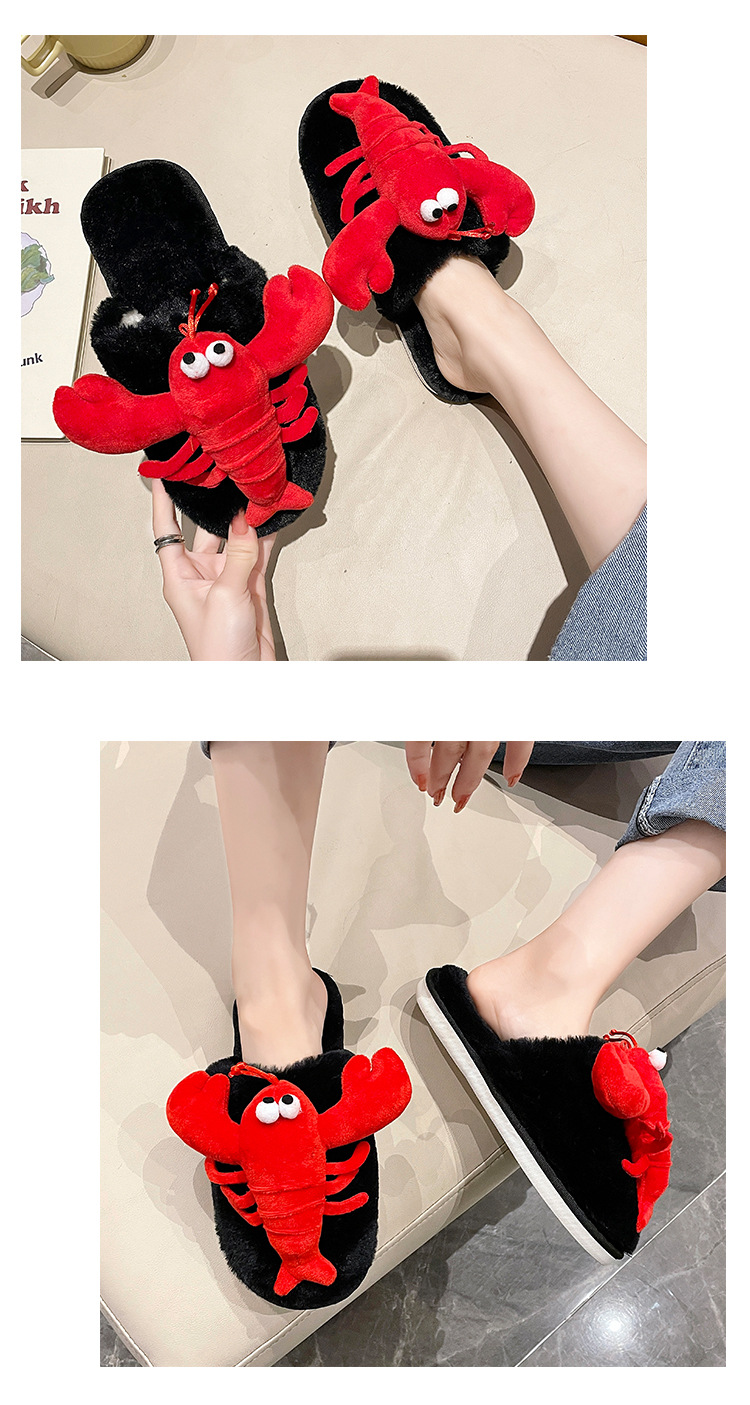 Cartoon Crayfish Hairy Slippers Women Girls Winter Warm Cotton Slippers Shoes
