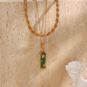 Grosir Perhiasan Bagus Set Kalung Liontin Rantai Emas Benang Giok Bambu Zirconia Kubik Baja Tahan Karat untuk Wanita