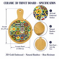 Vente en gros de dessous-de-plat en céramique méditerranéenne écologique personnalisés avec motif en relief doré 3D, en bambou, pour plats chauds