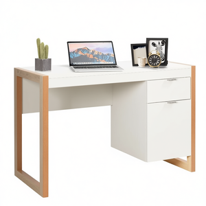 Scrivania moderna per computer con mobiletto e cassetto, superficie in legno bianco, postazione di lavoro per ufficio domestico - Product Image 1