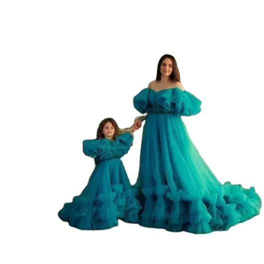 New Arrival Fluffy Mother And Me Tulle Dresses Ruffles With Train Plus Size For Photo Shoot Mom And Daughter Tulle Evening Dress