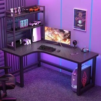 Bureau d'angle en bois pour jeux vidéo, ordinateur, double poste, avec étagère, pour chambre et bureau