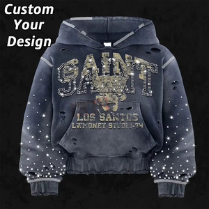 Sudadera con Capucha Corta para Hombre, Estilo Y2K, con Estampado Digital Personalizado de Alta Gama, con Pedrería y Efecto Desgastado, Hombros Caídos, Diseño OEM - Product Image 1