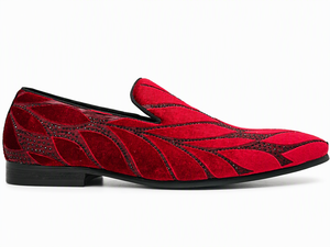 Mocassins en velours rouge pour hommes, motif feuille, bordure scintillante, chaussures habillées, bout rond, semelle en caoutchouc souple, pour le bureau, les occasions professionnelles, les mariages et les fêtes - Product Image 3