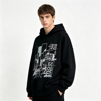 Sweat-shirt à capuche oversize noir avec imprimé graphique abstrait de ville, impression DTG Kornit, logo personnalisé disponible, pull streetwear