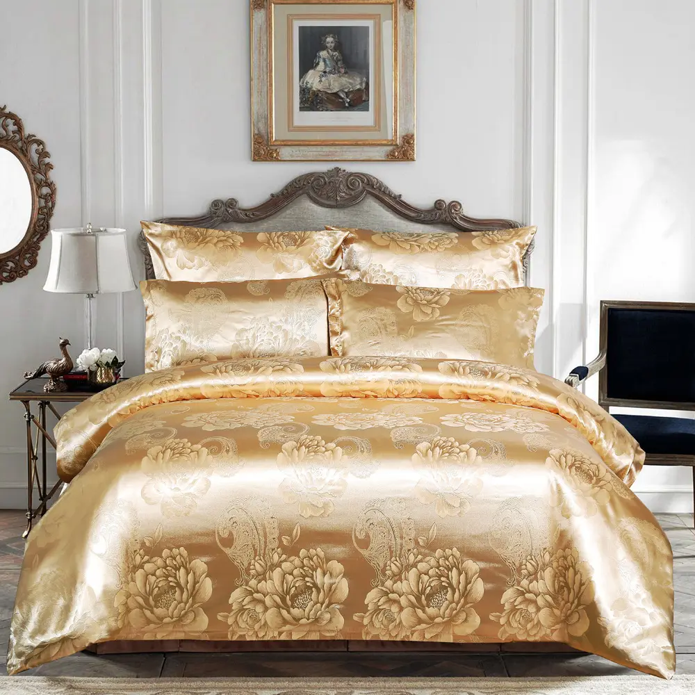 Gold Luxury Satin Silk 2/3pcs Jacquard Bedding Set High Quality Duvet Cover Sets Twin Queen King All Season Quilt Bedding Sets