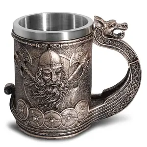 Resin Eco-Friendly One Piece Double Stainless Steel Coffee Cup Norwegian Mythical Pirates King God Thor Beer Mugs Viking Mug