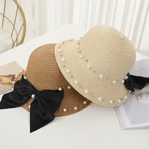 Summer Beach Outdoor Travel Sun Visor Hat Wide Brim Pearl Beads Big Bow Straw Hats For Women Girls Kids