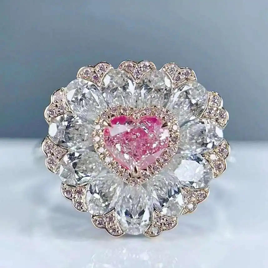 MEDBOO Trendy Jewelry Pink Moissanite Diamond Ring 14K White Gold 5CT 0.5mm Heart Cut VS Pink Moissanite Engagement Ring