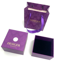 Boîte d'emballage pour bijoux avec couvercle et base rigides en violet, logo personnalisé imprimé, avec insert rembourré en mousse pour collier
