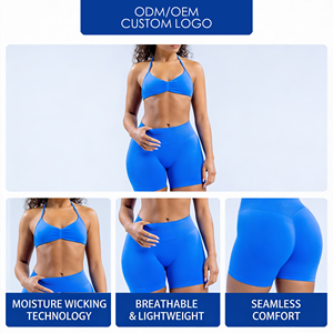 Conjunto <span class=keywords><strong>de</strong></span> <span class=keywords><strong>yoga</strong></span> sin costuras fruncido para mujer, sujetador deportivo halter con tirantes y shorts <span class=keywords><strong>de</strong></span> gimnasio con efecto fruncido, marca privada, MOQ bajo - Product Image 3