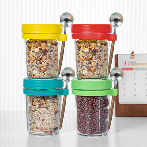 Venta al por mayor de tarros de vidrio Mason de boca ancha vacíos de 10 oz para desayuno, recipientes para avena remojada con tapas y cucharas - Product Image 4