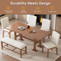 Ensemble de table à manger extensible moderne en bois de 76 pouces avec 6 pièces, table de cuisine à chevrons avec plateau amovible et chaises et bancs rembourrés