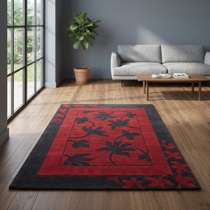 Tapis floral rouge – Tapis moderne à motif de fleurs noires et rouges pour salon, chambre et décoration intérieure - Product Image 3