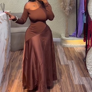 Robes longues trapèze sans bretelles à col asymétrique et taille haute pour femmes, à manches longues, tendance - Product Image 2