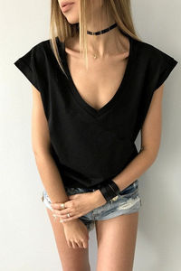 T-shirt estiva <span class=keywords><strong>basic</strong></span> bianca e nera da donna, casual a maniche corte, sexy con scollo a V profondo, traspirante con stampa. - Product Image 6