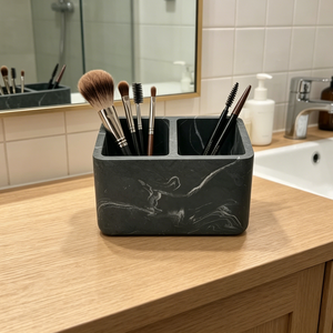 Porte-pinceaux de maquillage en polyrésine imitation marbre noir à <span class=keywords><strong>2</strong></span> compartiments, organisateur de pinceaux cosmétiques pour comptoir, rangement pour pinceaux de maquillage, organiseur de salle de bain - Product Image 6