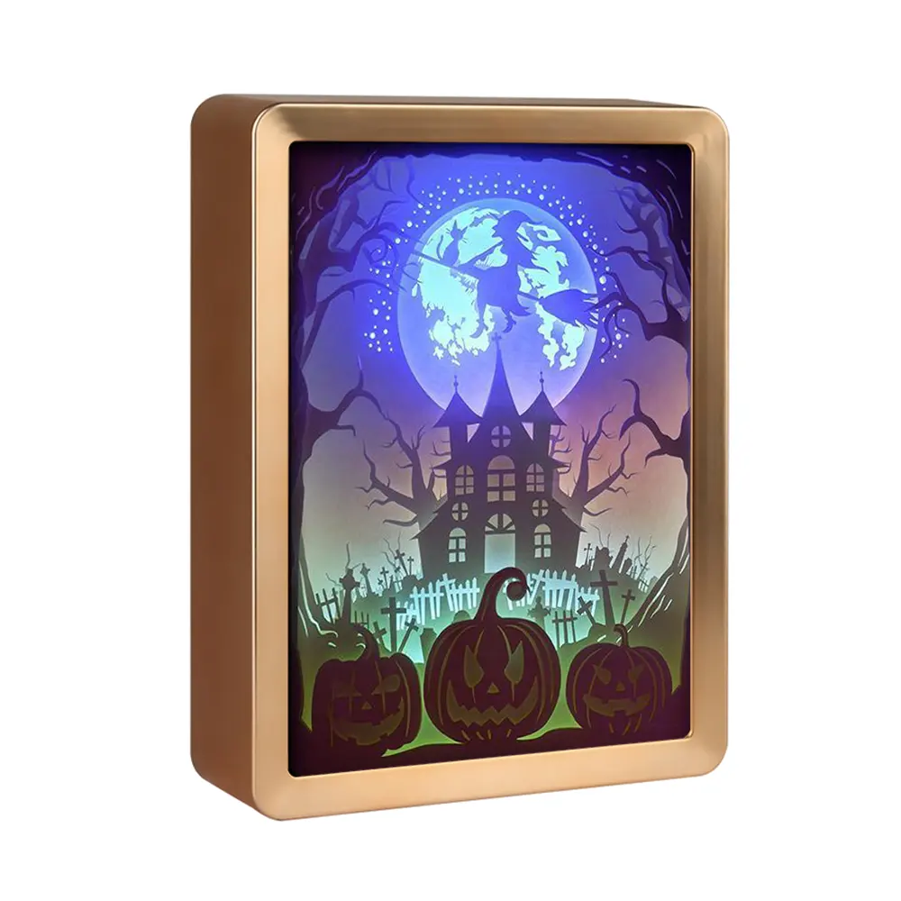 Caixa de presente personalizada, caixa de presente halloween farol de bruxa papel corte caixa de luz moldura de plástico 3d luz noturna led lâmpada de mesa