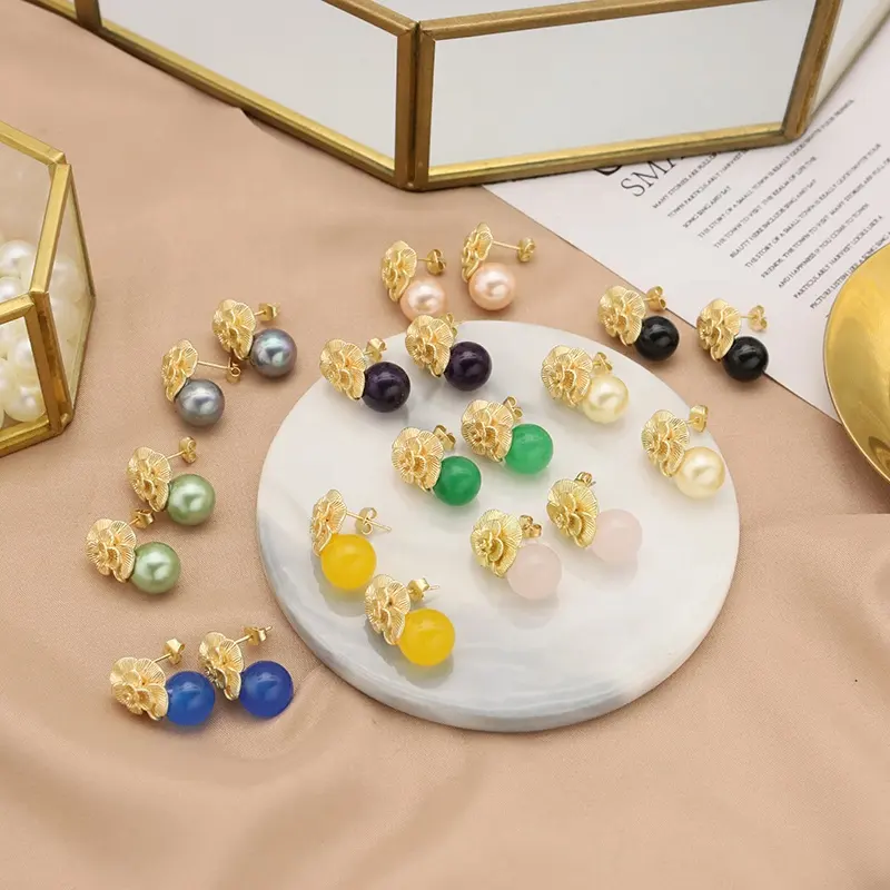 Gerçek 18K altın kaplama güzel takı doğal taş top küpe kadınlar için düğün nişan hediyeler basit küpe toptan