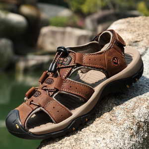 Men's Genuine Leather <b>Closed</b> <b>Toe</b> <b>Sandals</b> Cross Strap Breathable Casual Outdoor Shoes Size 45 46 47 - Product Image 1