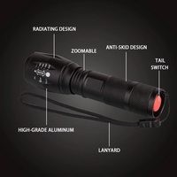 Lampe torche tactique puissante, lampe torche Tarch 18650, batterie rechargeable, zoom XML T6 LED avec corde, alliage d'aluminium IP55, 5 modes