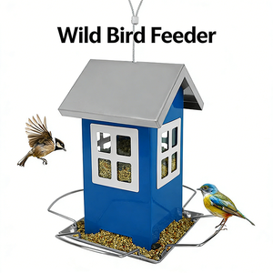 JH-Mech Vogelvoederhuisjes voor Buiten, Hangend, Eekhoornbestendig, Blauw, met 4 Voeropeningen en Verwijderbaar Dak, Metalen Hangende Vogelvoederbak - Product Image 1