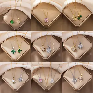 European And American Double-sided Minimalist 4 Leaf Clover Titanium Steel Necklace Female Shell Pendant Popular