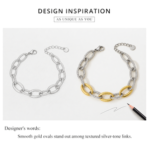 Pulsera de Eslabones Ovalados de Acero Inoxidable con Baño de Oro de 18K y Cadena de Eslabones Lisos en Tono Dorado y Texturizado en Tono Plateado - Product Image 2