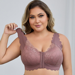 Kanten bh met voorsluiting, dames <span class=keywords><strong>plus</strong></span> <span class=keywords><strong>size</strong></span> ondergoed, mooie naadloze bh met dunne, vaste cups en push-up effect - Product Image 1