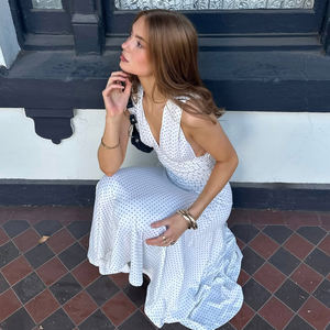 Vestido Maxi de Mujer con Estampado Floral de Puntos Franceses, Cuello en V, Silueta Sirena, Dobladillo Regular, Largo hasta el Suelo, Cintura Natural Dulce - Product Image 3