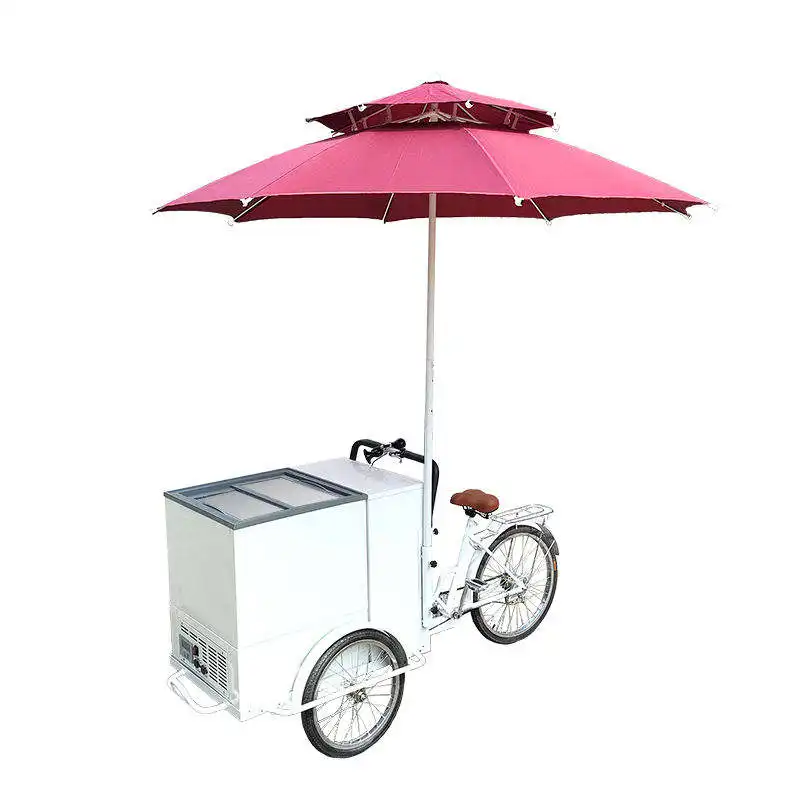 व्हील कार्गो बाइक स्ट्रीट आइसक्रीम बाइक डिस्प्ले फ्रीजर के साथ उच्च मानक आइसक्रीम पुश बाइक फूड कार्ट