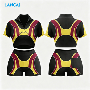Ensemble 2 pièces côtelé pour femme : Haut polo semi-zippé et short cycliste taille haute – Tenue de sport respirante en coton écoresponsable - Product Image 3