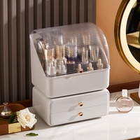 Organisateur de maquillage de luxe moderne et minimaliste en plastique, anti-poussière, avec couvercle rabattable et tiroirs pour coiffeuse, cosmétiques et soins de la peau