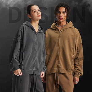 Sweat à capuche zippé en coton épais délavé sur mesure, haute qualité, style vintage, streetwear oversize unisexe, délavé à l'acide, pour homme, hiver - Product Image 1