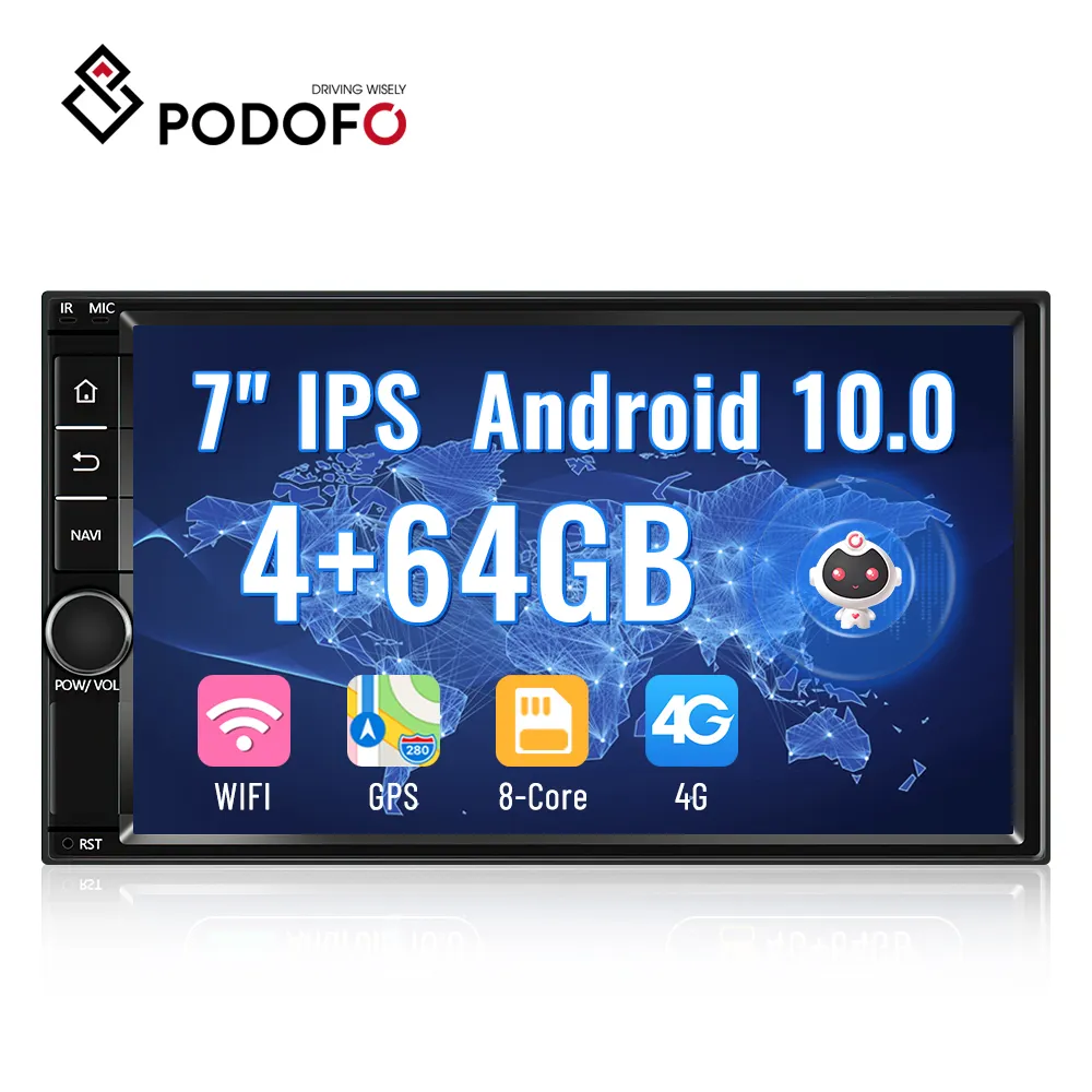 Podofo — autoradio 7 ", Android 10.0, 4G, 4 go/64 go, WIFI, navigation GPS, DSP, lecteur vocal, Carplay, Android, loisir créatif, 8 cœurs, 2din, lien téléphonique