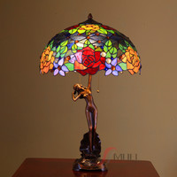 Lampe de table/bureau en verre coloré rétro de style européen, motif floral et animal, base en cuivre pur, vente en gros sur mesure