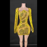 Robe moulante une pièce pour femme à manches longues, avec paillettes dorées, cristaux et maille diamantée, séchage rapide, effet illusion, pour soirée