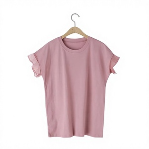 Women's Pink Cap Sleeve Crew Neck T-<b>Shirt</b> Knitted Cotton <b>Ruffles</b> Casual Spring Summer Solid Color - Product Image 1