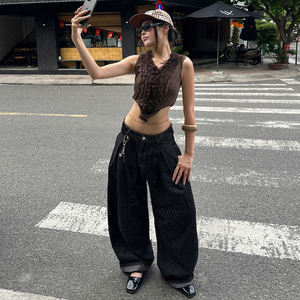 <b>Women</b> American Vintage Black Striped Denim Pants Loose Fit Wide Leg Floor Length Casual Street <b>Jeans</b> - Product Image 3