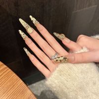 Lot de 10 faux ongles longs stiletto faits main, personnalisés, avec strass 3D, réutilisables, motif léopard de luxe, paillettes dorées, en gel, pour B2B