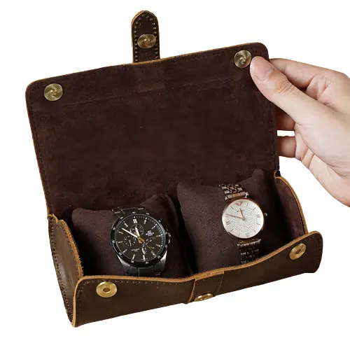 vintage luxury soft 2 slots cow leather cowhide watch case custom watch box for protection