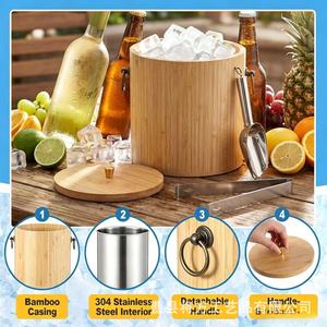 Wooden ice <b>bucket</b> <b>with</b> <b>lid</b>, ice tongs, ice spoon set for home use, parties, cooling drinks and beer, ice cubes, and - Product Image 5